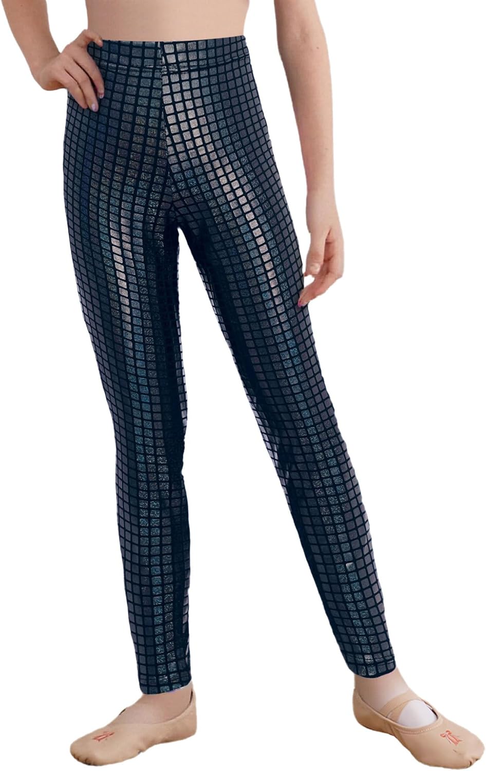 Hansber Kids Girls Cheer Costume Leggings Shiny Metallic Plaid Print Elastic Waist Pants for Performance