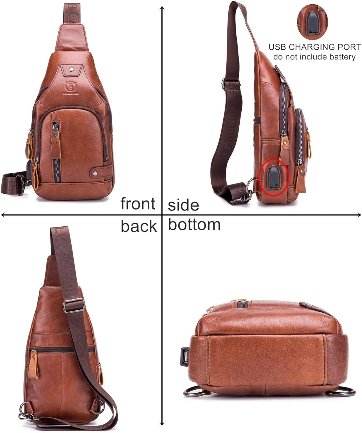 BULLCAPTAIN Leather Men Sling Bags Travel Crossbody Chest Bag Hiking Daypack with USB Charging Port Multi-Pocket - Image 3