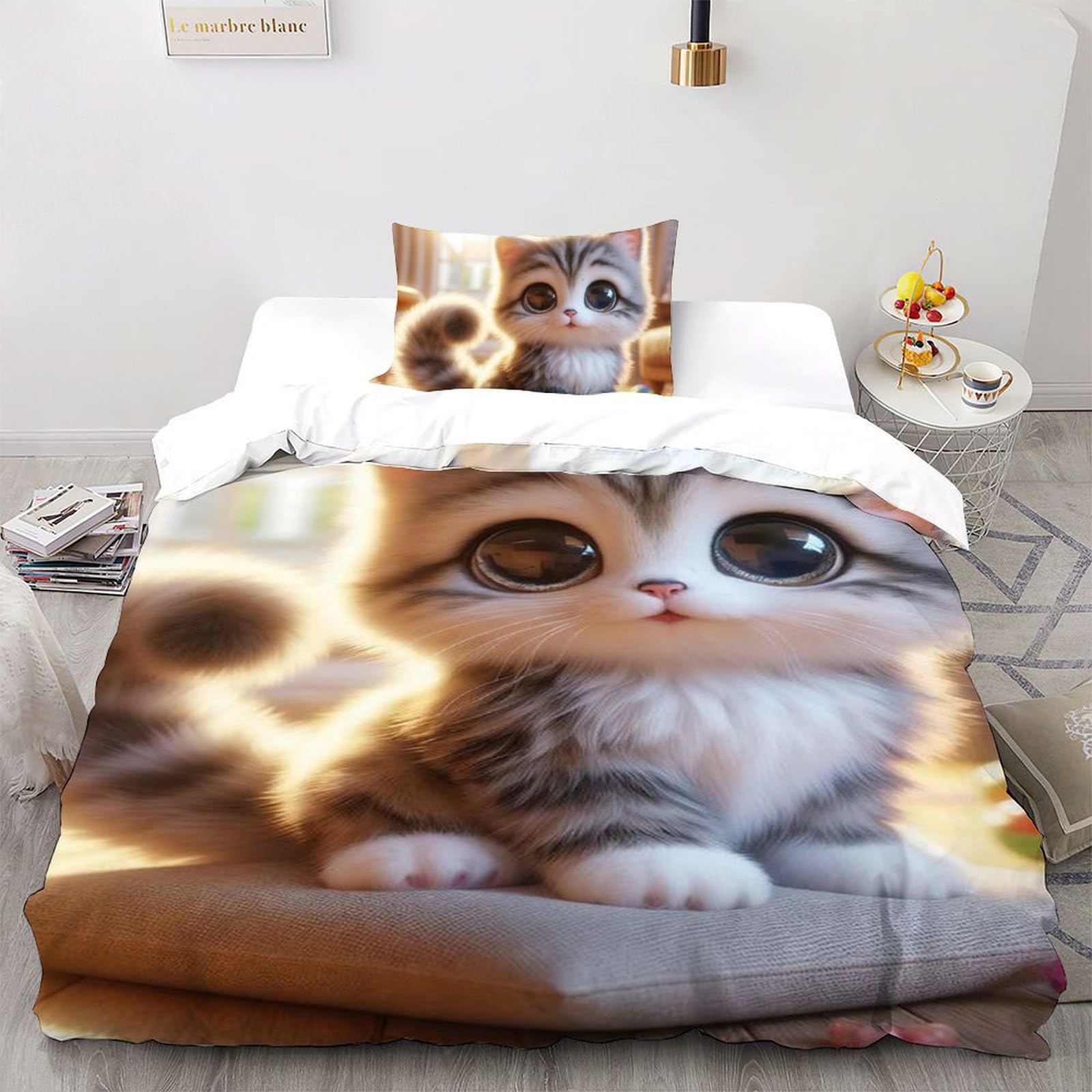 Lindo Gato Ropa De Cama Linda ilustración Edredón Suave De Tres Piezas De Microfibra con 1 Funda Nórdica+ 2 Funda De Almohada con Cremallera Juvenil Single（135x200cm）