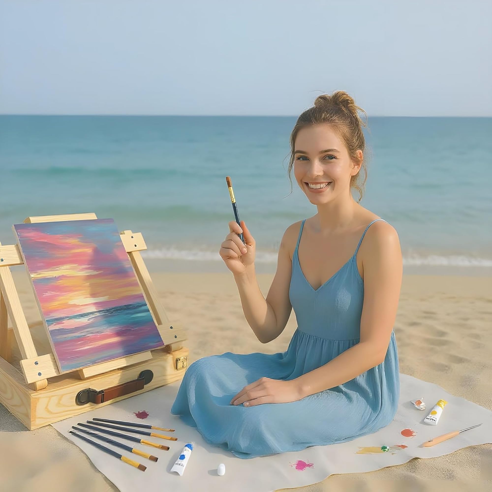 Kit Pintura Acrílica 34 Piezas Caballete Maletín Madera Portátil 24 Tubos 12 ml Colores Vivos Lienzo 24x30 cm 6 Pinceles Espátula Paleta Set Completo Adultos Niños Principiantes Arte Regalo Creativo