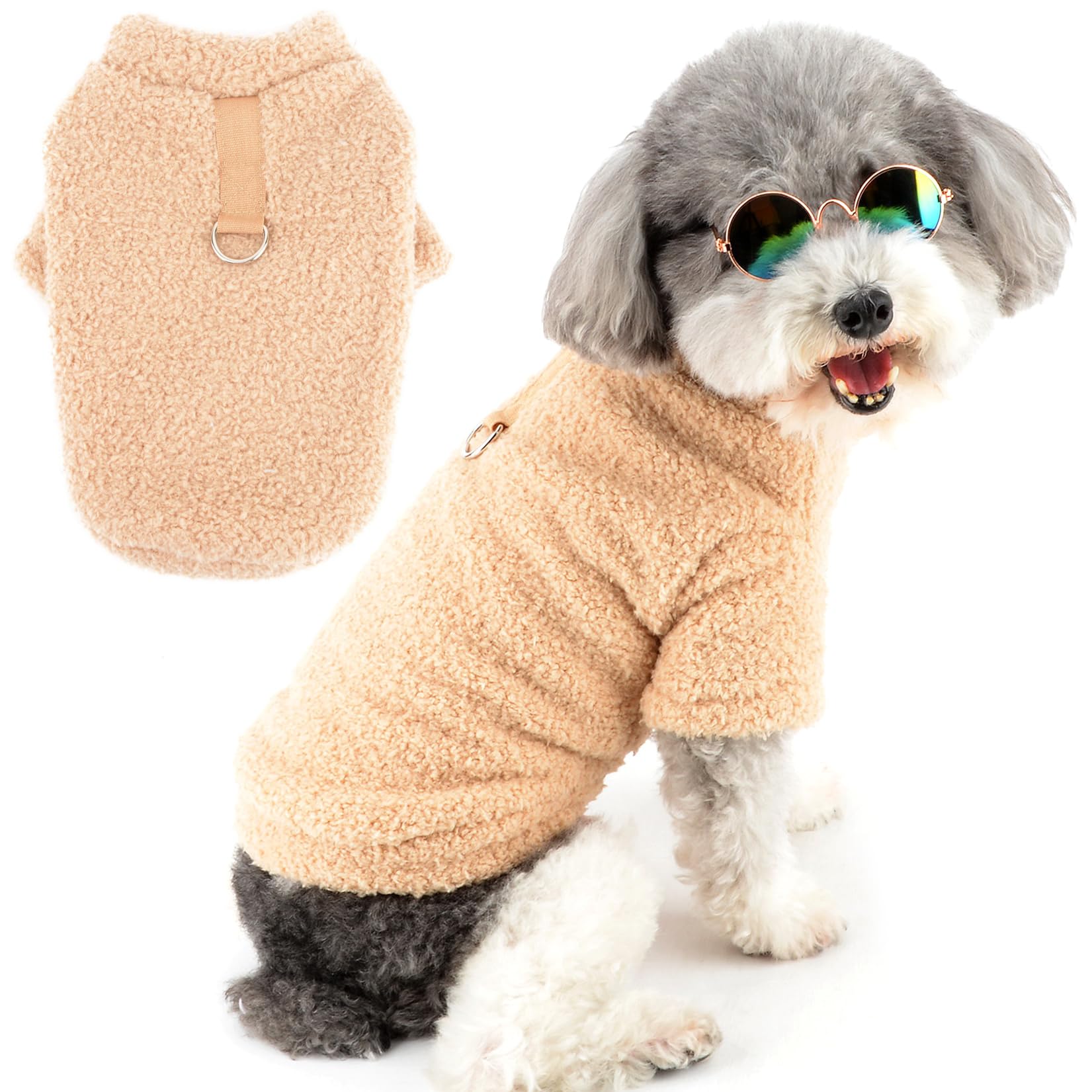 Zunea Fuzzy Dog Sweaters for Small Dogs Girl Boy Sherpa Fleece Winter Coats with D-Ring Soft Warm Pullover Puppy Clothes Cold Weather Jumper Stretchable Pet Chihuahua Doggie Apparel Khaki M
