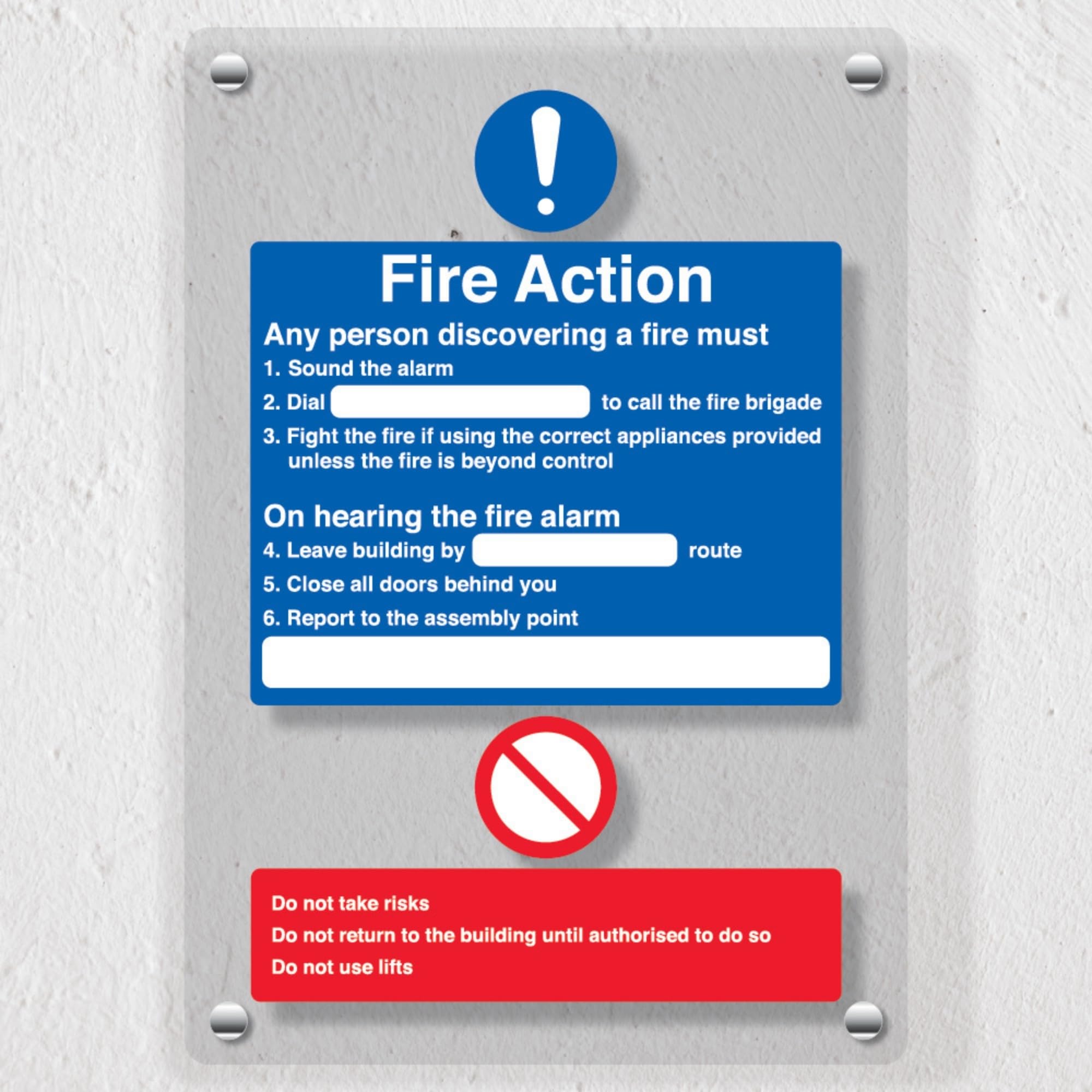 V Safety Fire Action Instructions Acrylic Safety Sign – Discovering a Fire Procedure, Clear Perspex 200x300mm