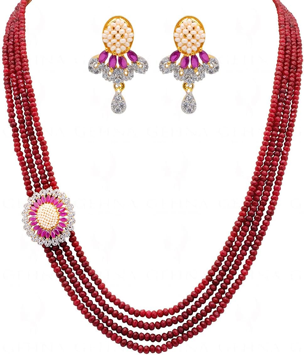 Gehna Jaipur4 Rows Ruby Color Bead Necklace With Side Pendant Studded With Ruby & Simulated Diamond For Women NFN-1082 (Multicolor)