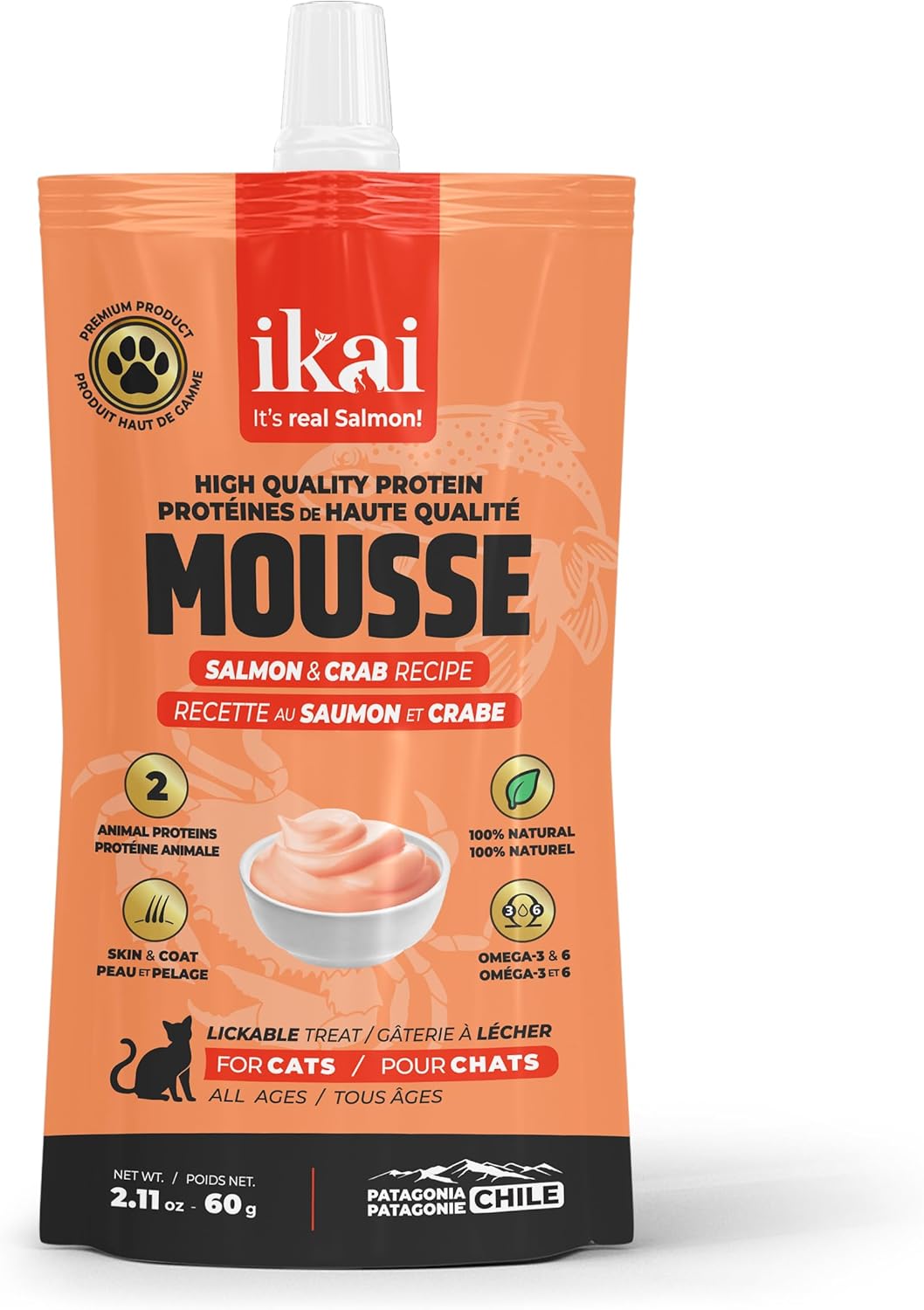 IKAI - Lickable Wet Cat Treats - Patagonian Salmon from Chile, No By-Products, Highly Digestible Protein, with Omega 3 & 6 for Healthy Skin & Glossy Coat - 2.11 oz (16 Pack, Salmon & Shrimp)