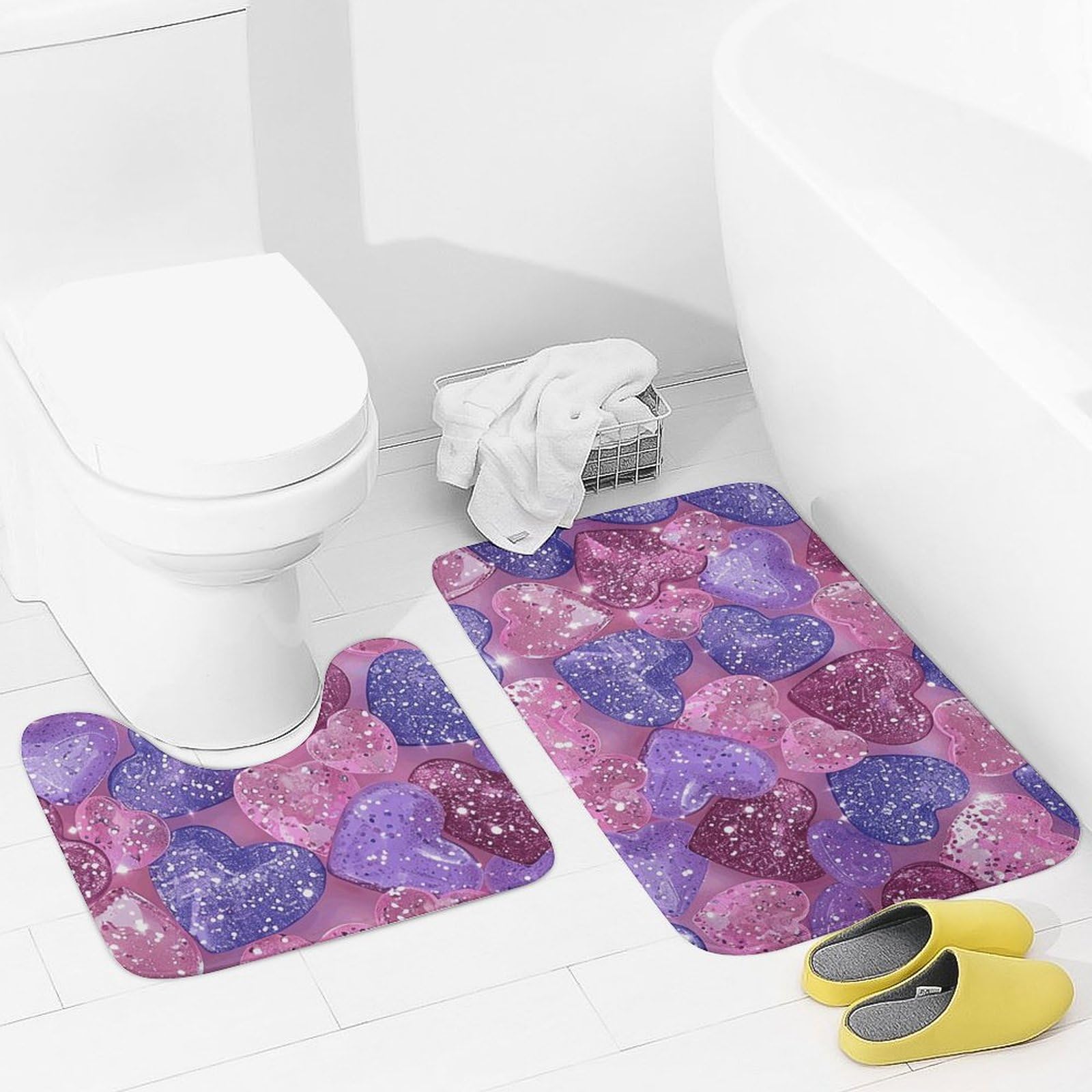 Tapis de bain en microfibre absorbant lot de 2 doux en U motif cœurs pêche