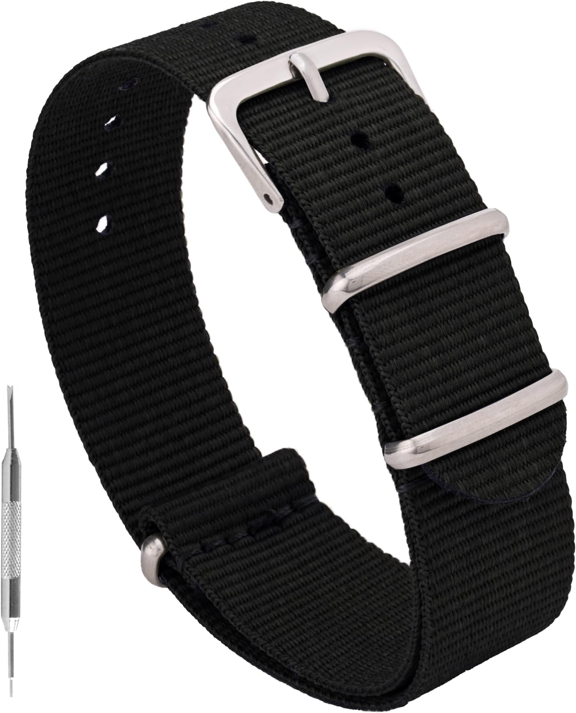 Benchmark Basics Nylon Watch Band - Waterproof Ballistic Nylon One-Piece Military Watch Straps for Men & Women - Choice of Color & Width - 18mm, 20mm, 22mm or 24mm