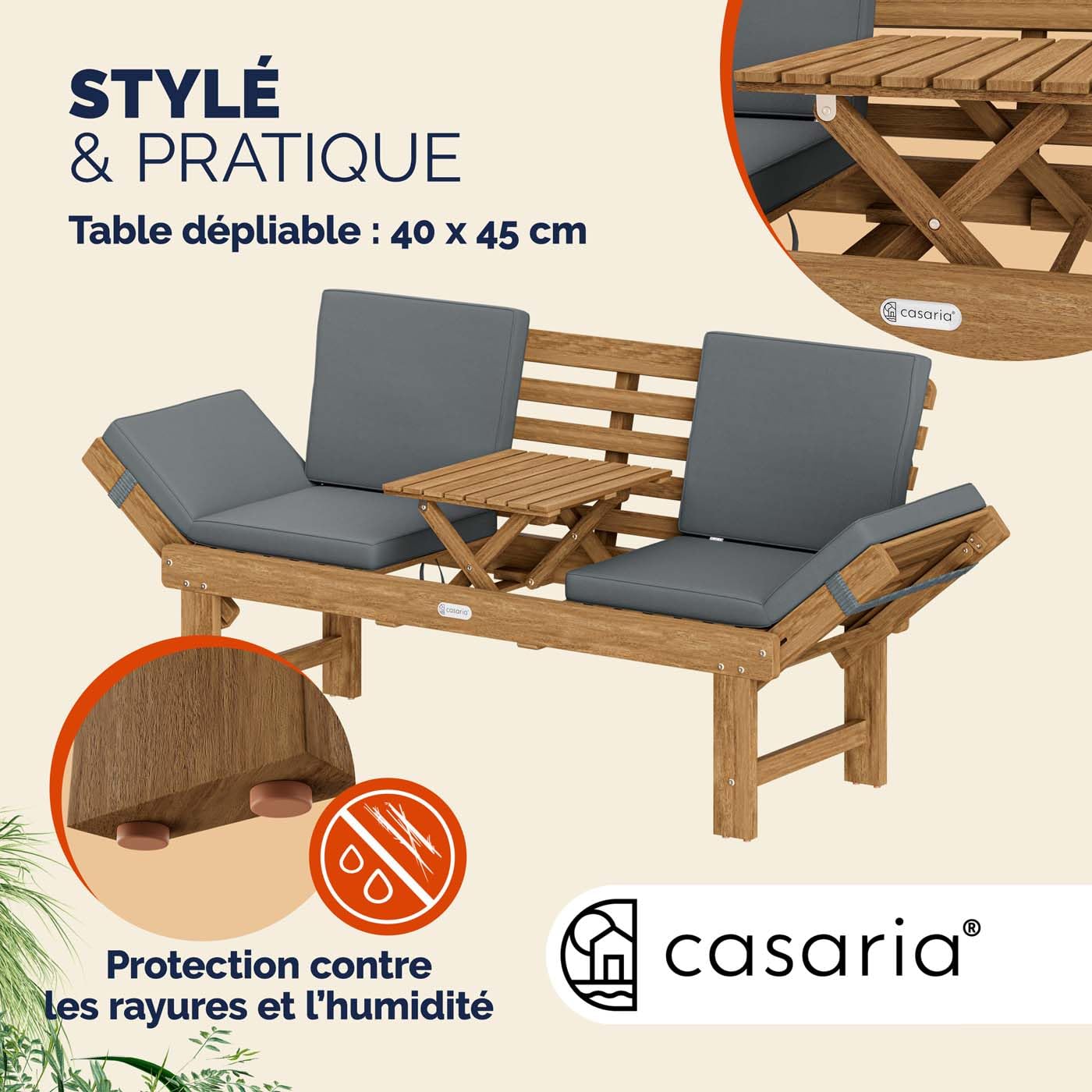 Casaria® Banc de Jardin en Bois avec Table 200x50cm résistant aux intempéries Pliable 3 Places Jardin Balcon Bain de Soleil