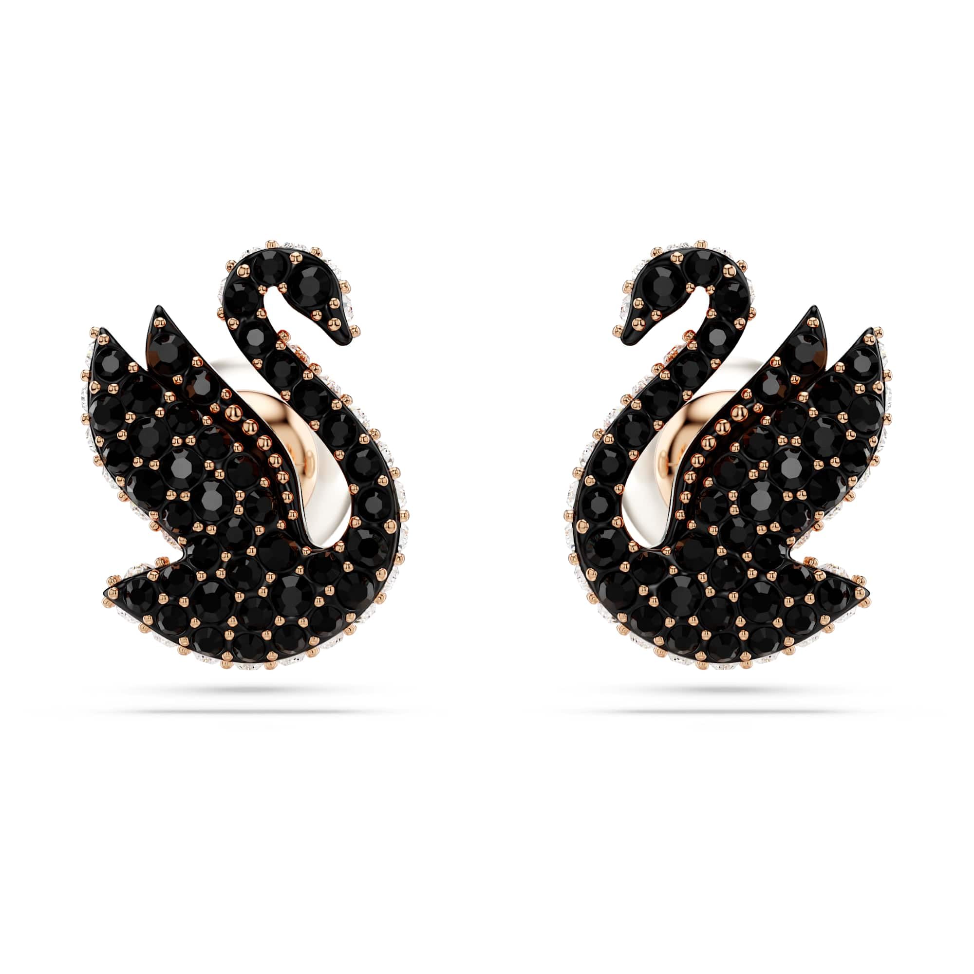 Swarovski Swan stud earrings, Swan, Black, Rose gold-tone plated
