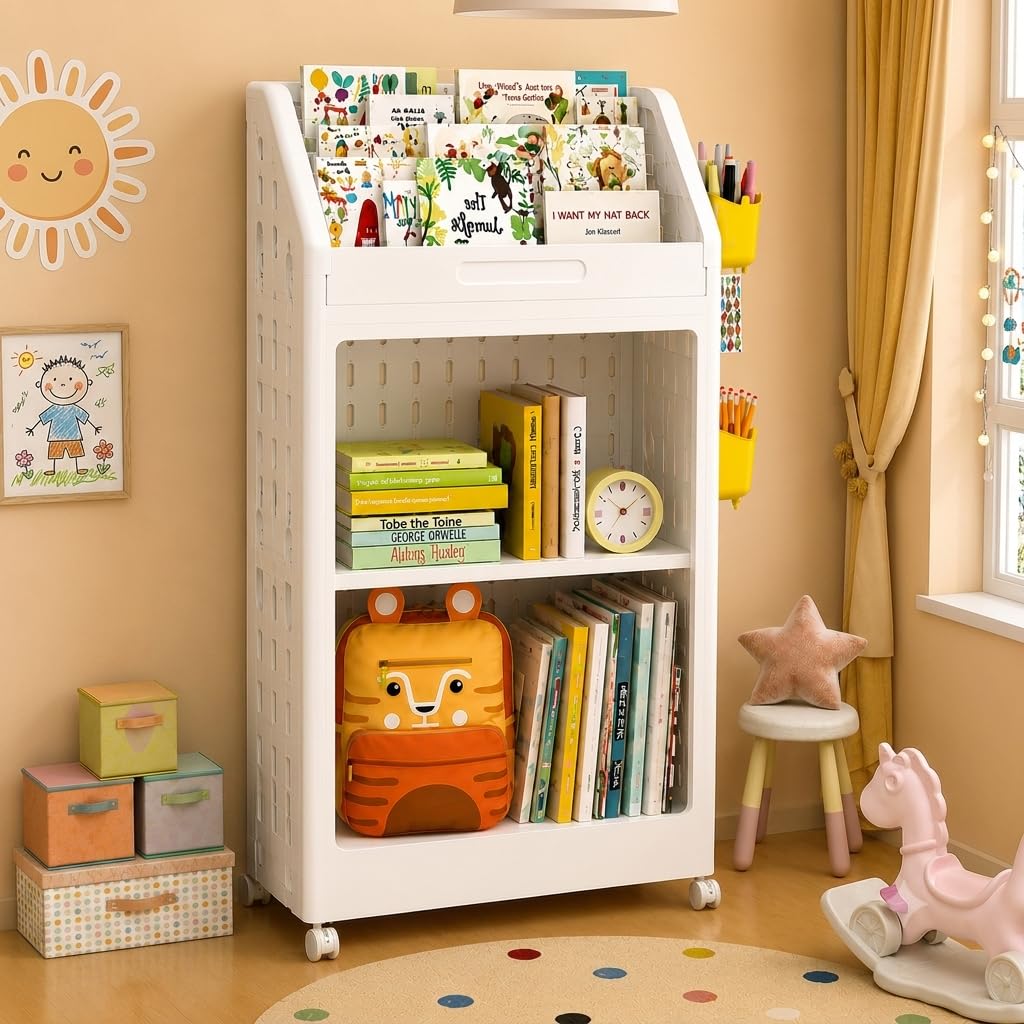 VoiDrop Multipurpose 3-Shelf Plastic Books Shelf Rack with Wheels | Storage Organizer for Bag Clothes, Toys |Portable & Lightweight | Open Shelving Unit for Home, Living Room, 3 in 1 Kids Room (White)-image-1