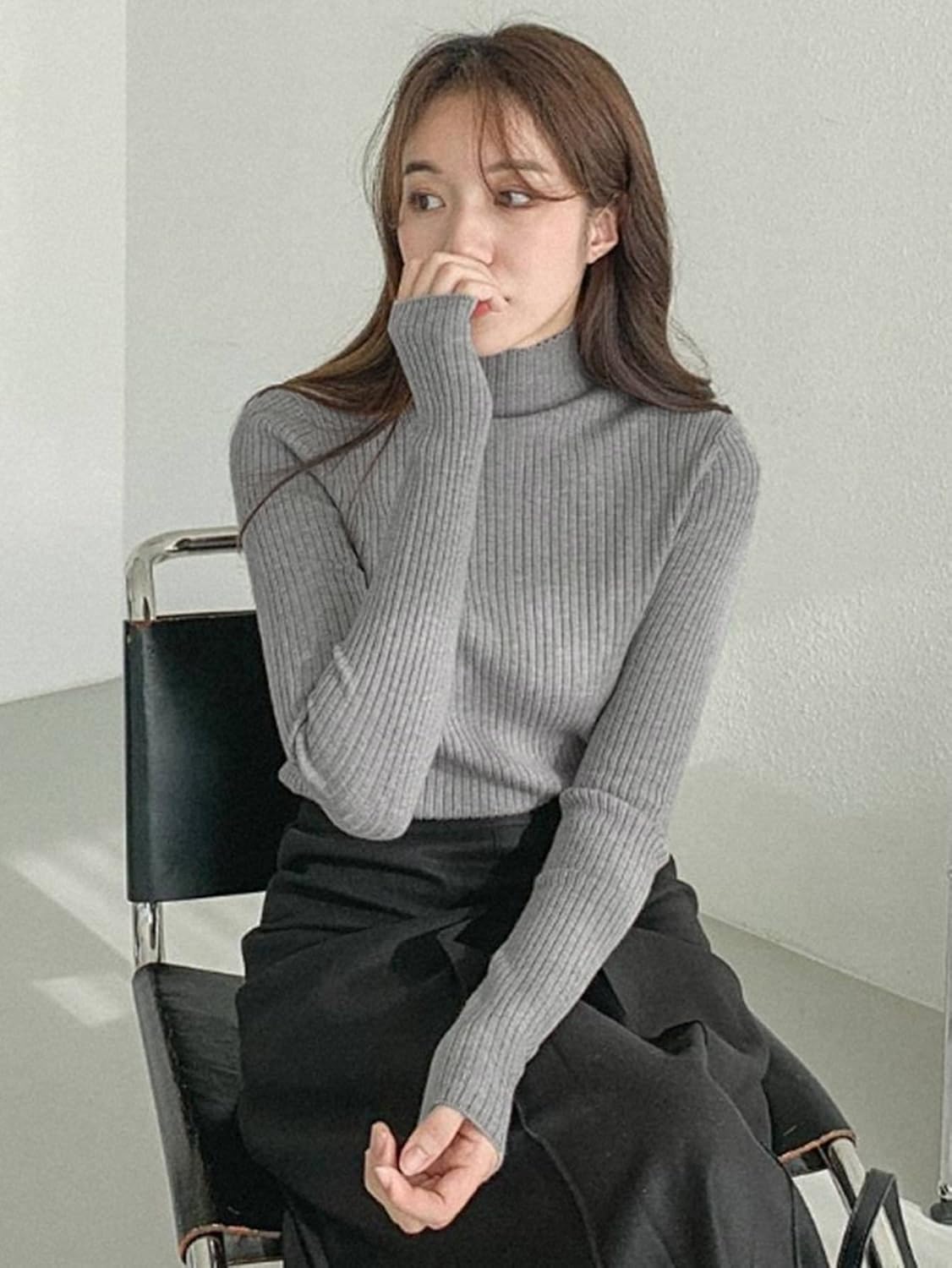 Women's Sweater High Neck Ribbed Knit Sweater Sweater for Women (Color : Gray, Size : Medium)