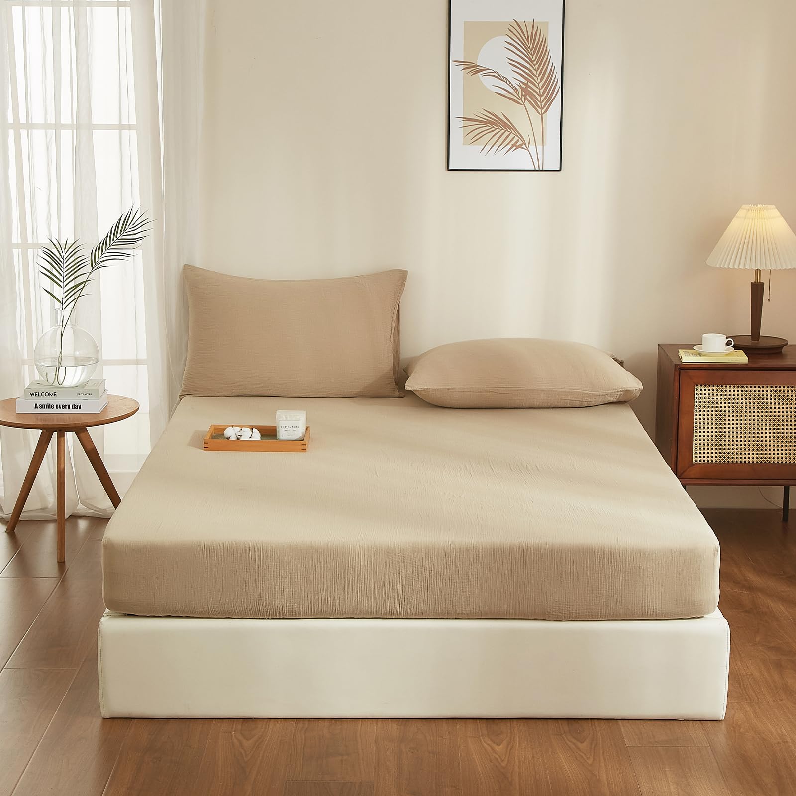 Sábana bajera ajustable doble de muselina de 180 x 200 cm, 100 % algodón, color caqui, 180 x 200 cm, de algodón, suave, transpirable, acogedora, adecuada para colchón de 30 cm