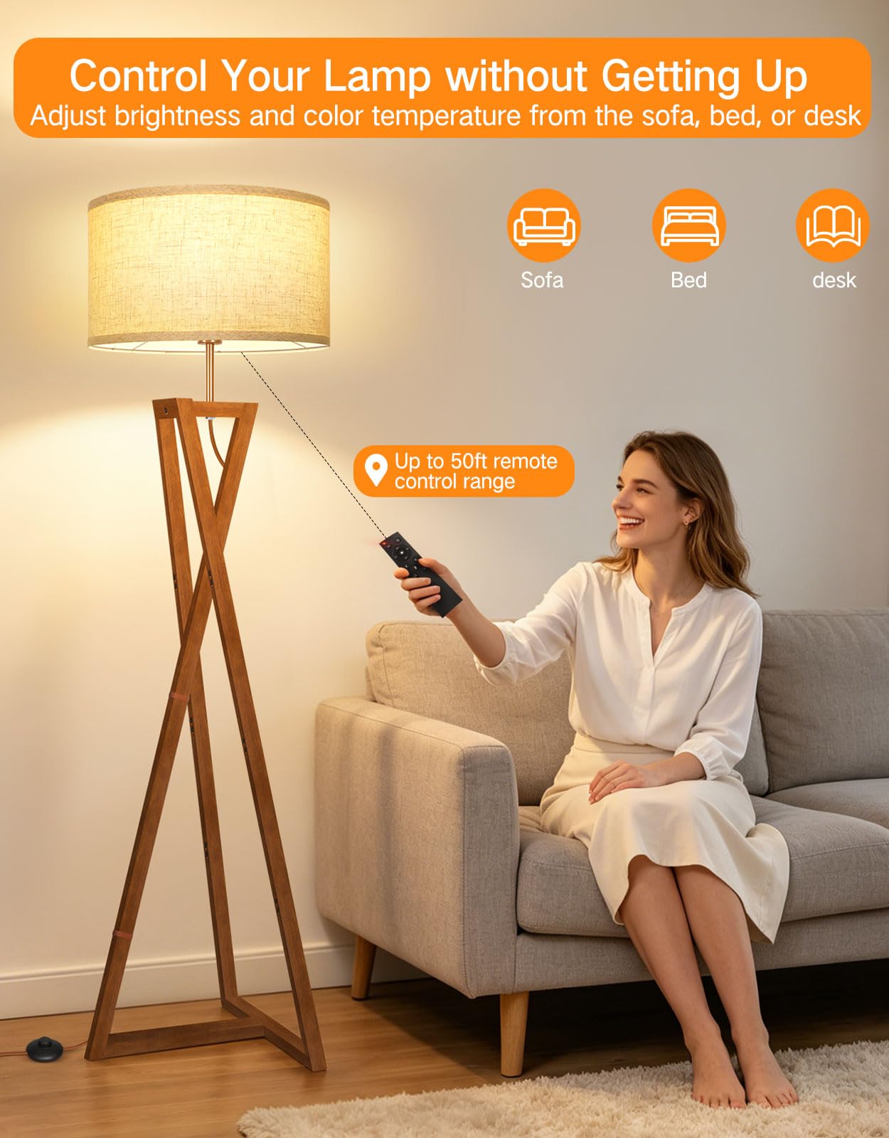 OUTON Holz Stehlampe mit Fernbedienung, Dimmbar, Schlafzimmer, Braun | 1100LM LED, stufenlos dimmbar, Leinen Lampenschirm, Massivholz, 5 Lichtmodi, Timer, Memory Funktion
