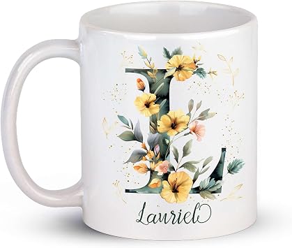 Customized Vintage Floral Alphabet Themed Mugs, Personalized Name Initial Letter L Mugs, Aqua Monogram Coffee Mugs, Letter L White Cups 11Oz Or 15Oz, Mug Gift For Friend Women