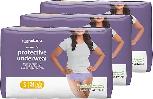 Amazon Basics Incontinence Underwear for Women, Protective, Disposable, Postpartum, Maximum Absorbency, Small, Lavender, 72 Count (3 Packs of 24)