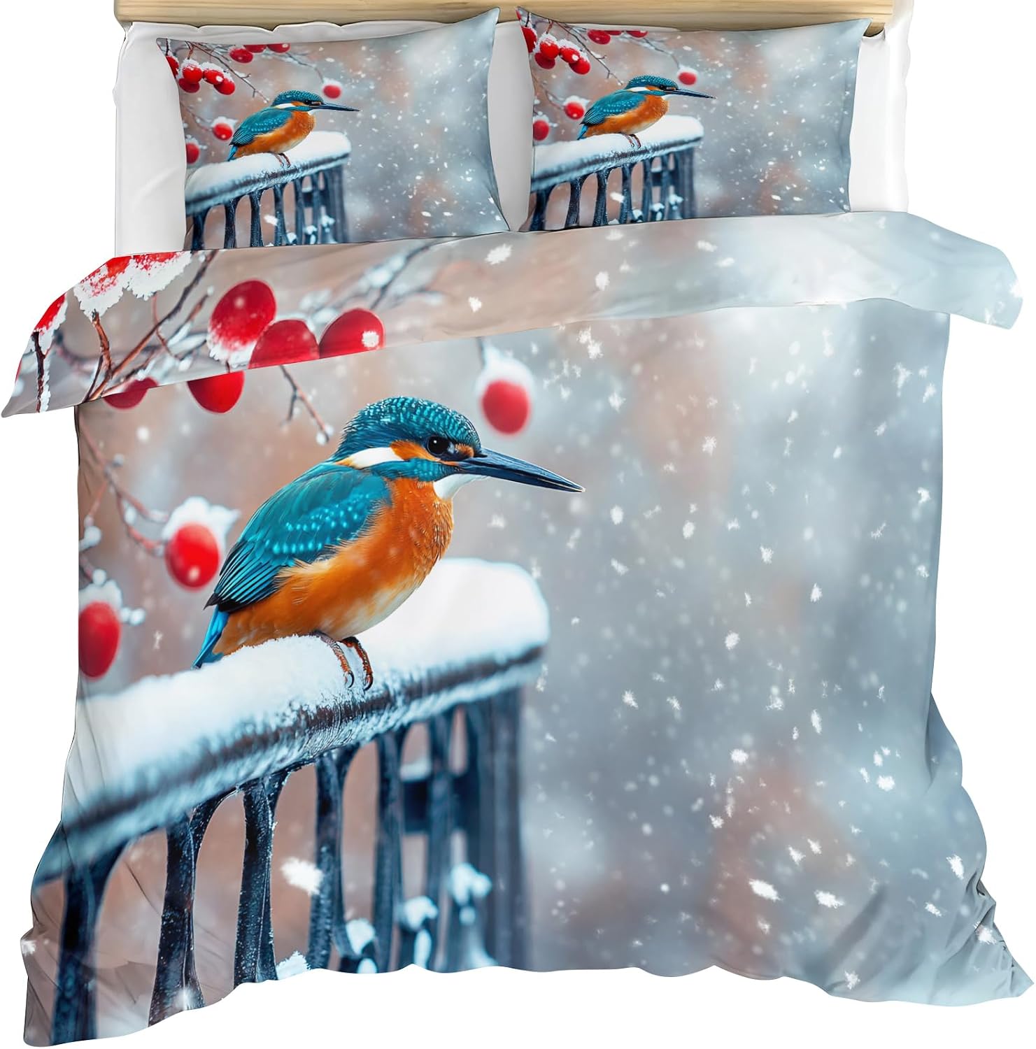 Birds Duvet Cover, Winter Bedding Set Cover for Kids Boys Girls Teens, Reversible Snowy Duvet Cover with Zipper Closure and 2 Pillow Shams, Twin Size 68"x90"