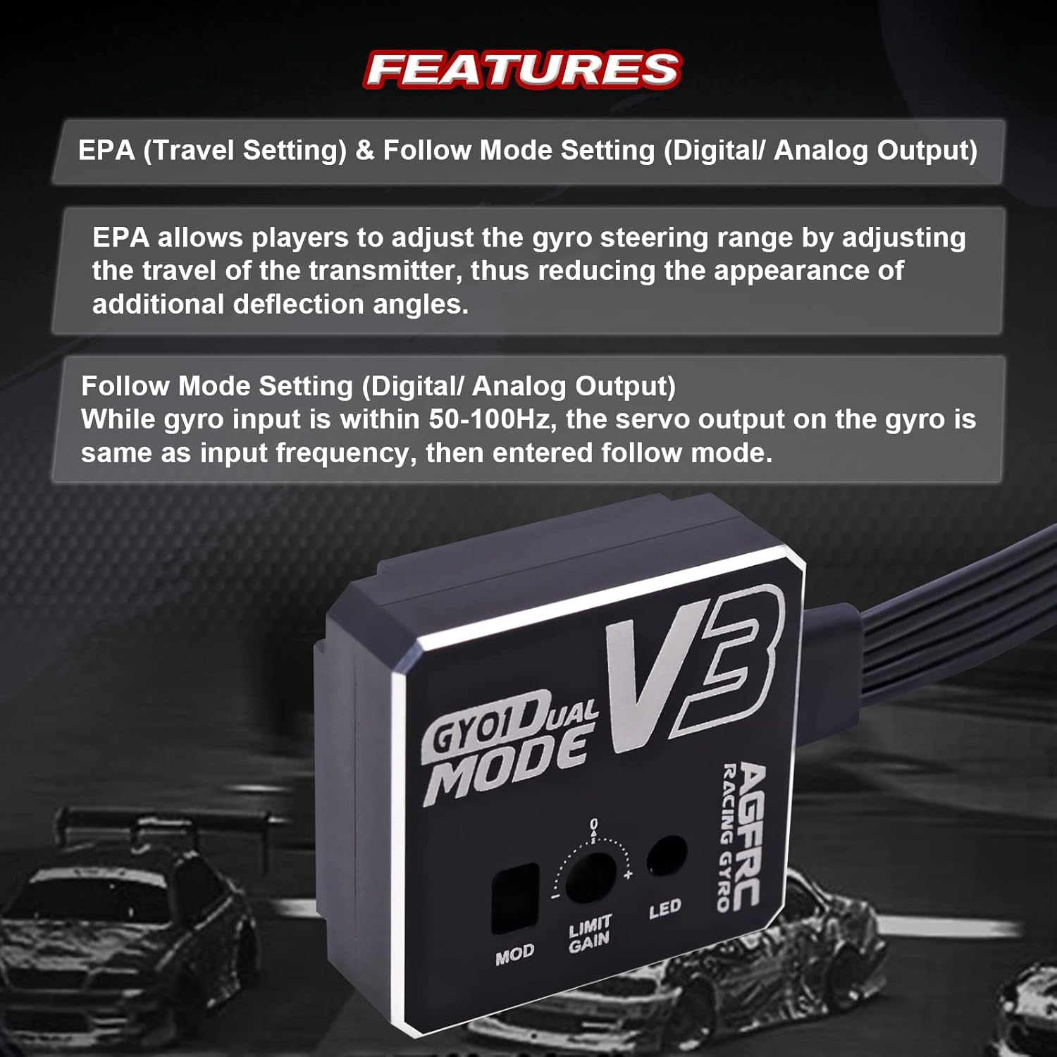 AGFRC Dual-Gain Drift RC Gyro - Tuned Rated Gyros with Aluminum Case for RC Car Truck Boat (GY01 V3)