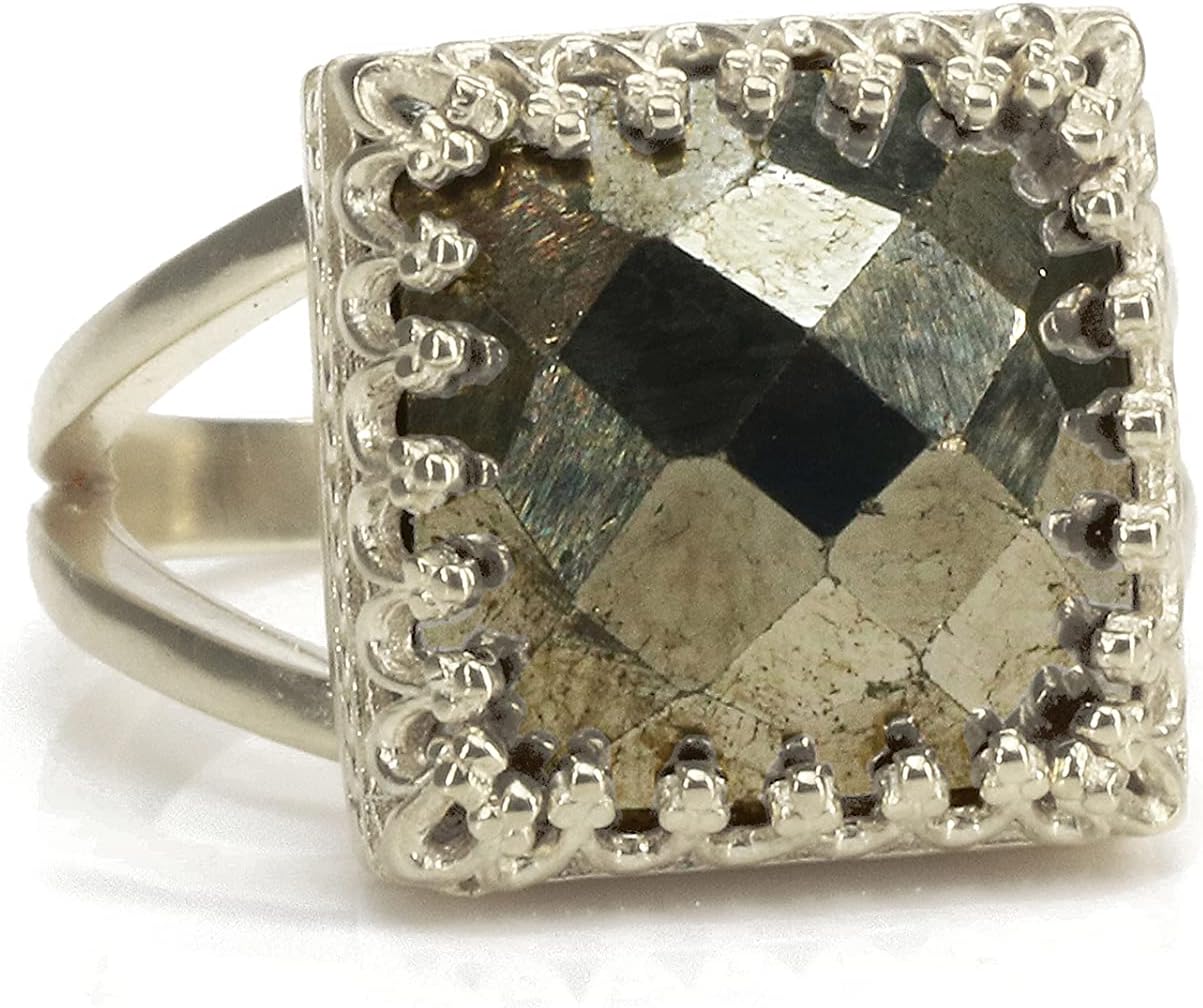 Intricate Pyrite Ring - Handmade Square Ring for Engagement, Wedding, Rings for Her - Unique Gold Statement Ring, Stackable Custom Rings for Women - Available in All Ring Sizes