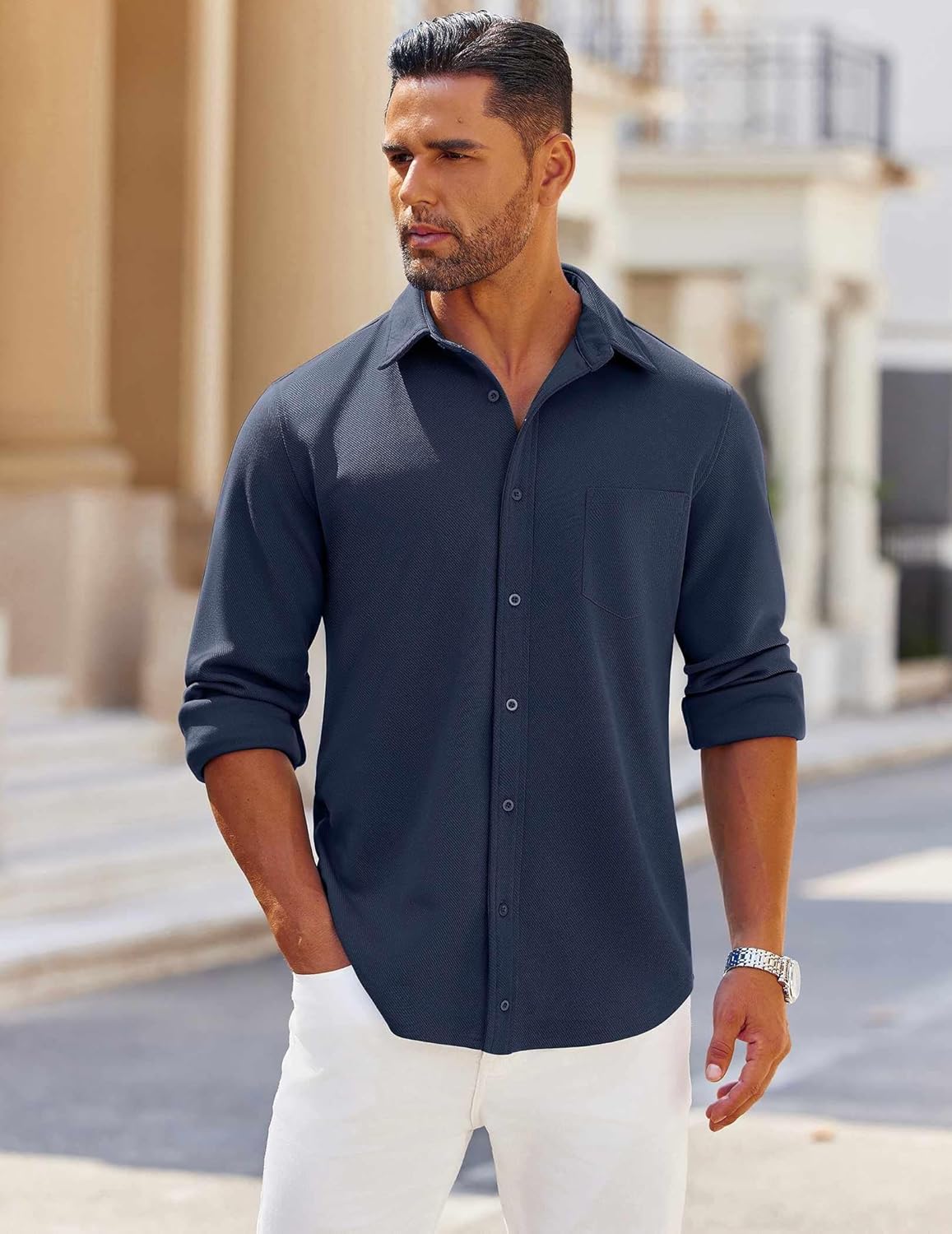 COOFANDY Mens Long Sleeve Button Down Shirts Wrinkle Free Shacket Jacket Stretch Casual Overshirt - Image 2