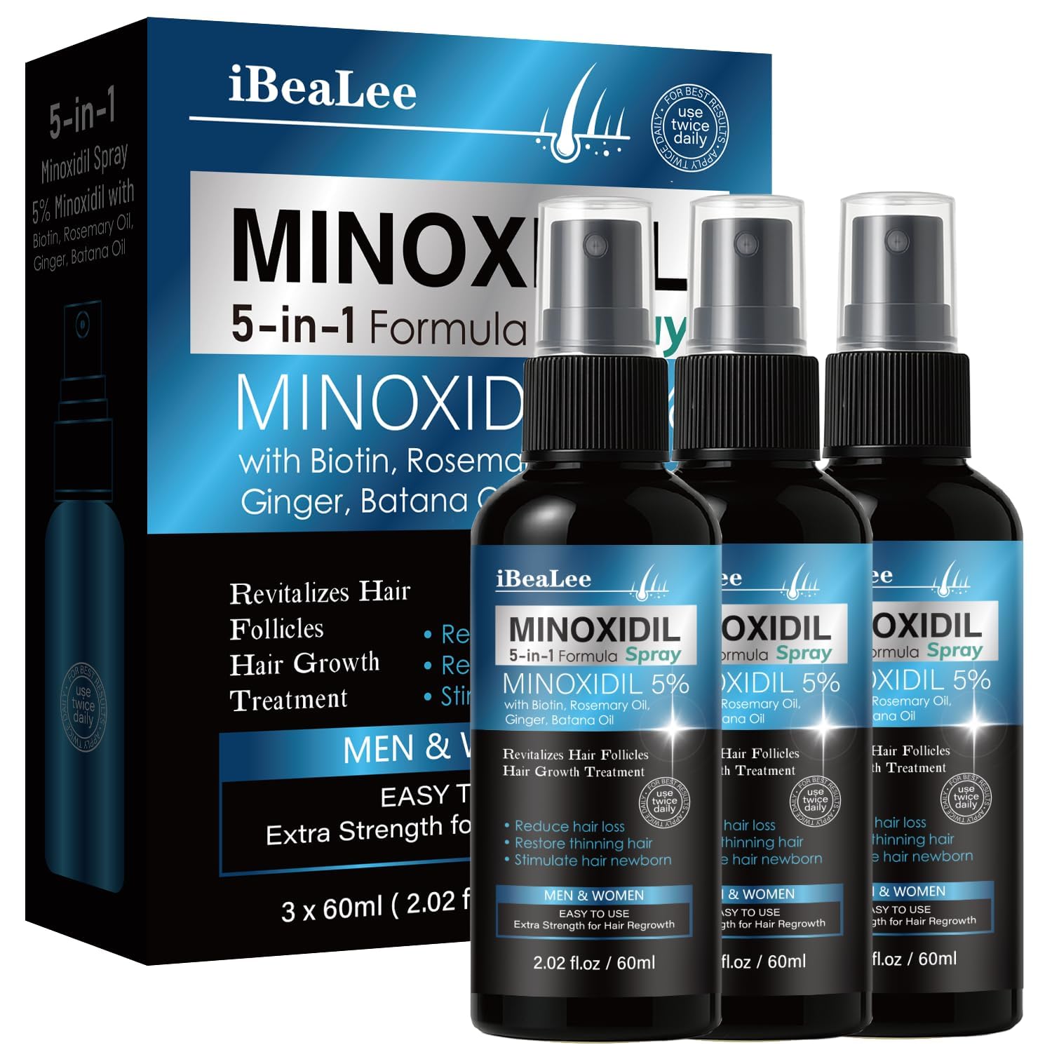 5% Minoxidil for Men and Women Hair Growth, Hair Loss Treatments Serum with Biotin Batana and Rosemary, Minoxidil Hair Growth Spray for Stronger Thicker Fuller Hair Beard Regrowth, 3 Bottles 2 Fl Oz (Pack of 3)