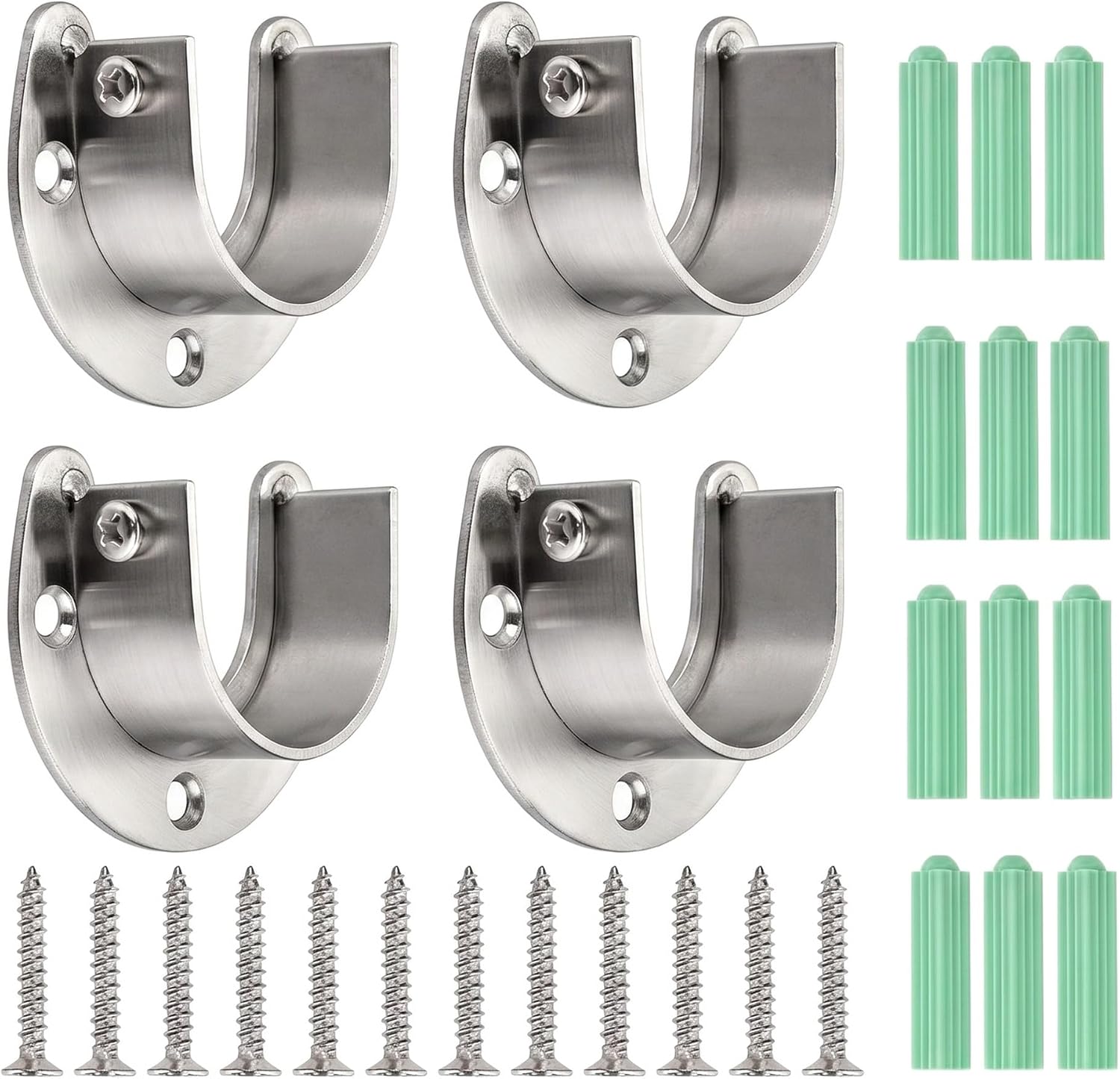 4 Pack Closet Rod Brackets, 1-1/4 Inch Heavy Duty Closet Pole Sockets, U Shaped Wardrobe Rod End Supports with Adjustable Screws, Silver Rod Flange Set