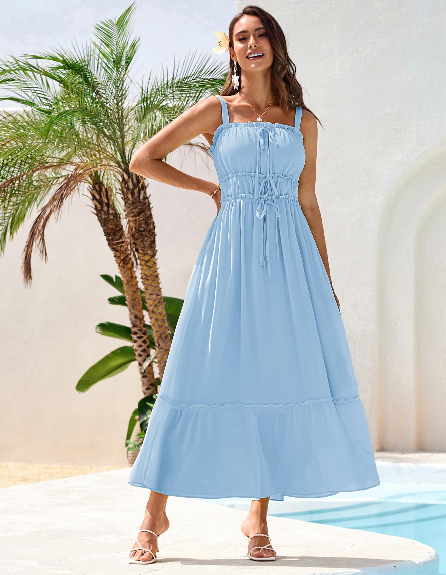 GRACE KARIN Damen Ãrmellos Lange Freizeitkleid Maxi Sommerkleid Casual Summer Dresses Flowy Swing Cocktailkleid Hellblau M
