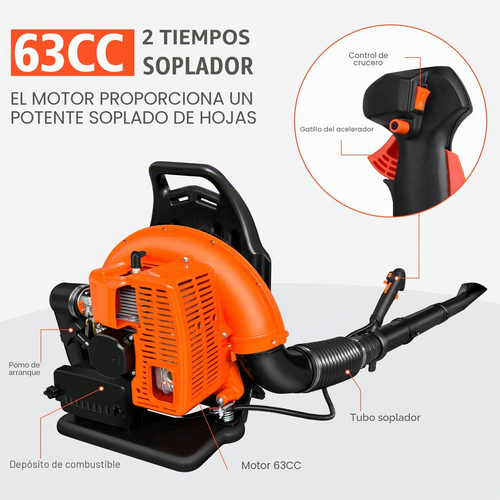 63cc Soplador de Hojas a Gasolina, Estilo Mochila, ASUNCELL Velocidad de Soplado, Soplador de Hojas a Combustible Inalámbrico para Patios, Jardines