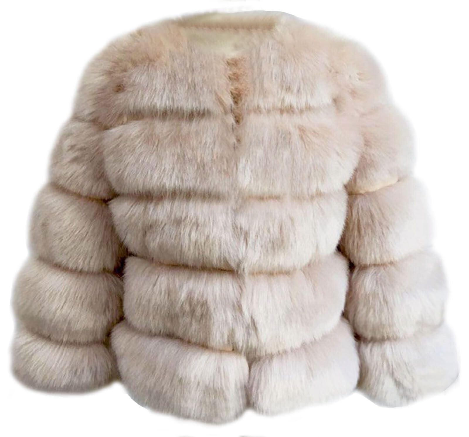 Lockenstab Unisex Beige Camel Women Warm Fluffy Short Quilted Faux Fur Jacket Short Parka Collarless Winter Coat Teddy Bear, L
