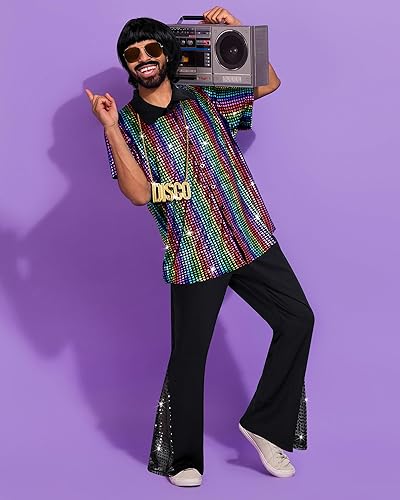 Miniatura 4 de 6 piezas de disfraz de discoteca de los años 70 retro de los años 80, pantalones acampanados, camisas de manga corta, pelucas, collar, bigote