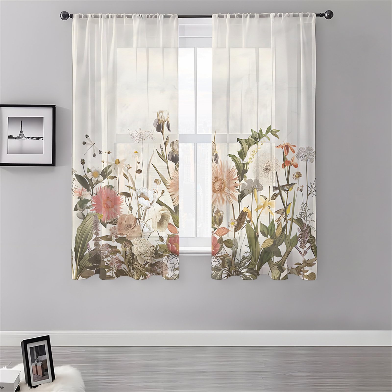 Surwin Net Curtains for Windows, Voile Curtain, 2 Panels Floral Plant Prints with Eyelets, Semi Transparent Lightweight Voile Panel for Living Room Bedroom Balcony Decorative (Daffodils,130x213cm)
