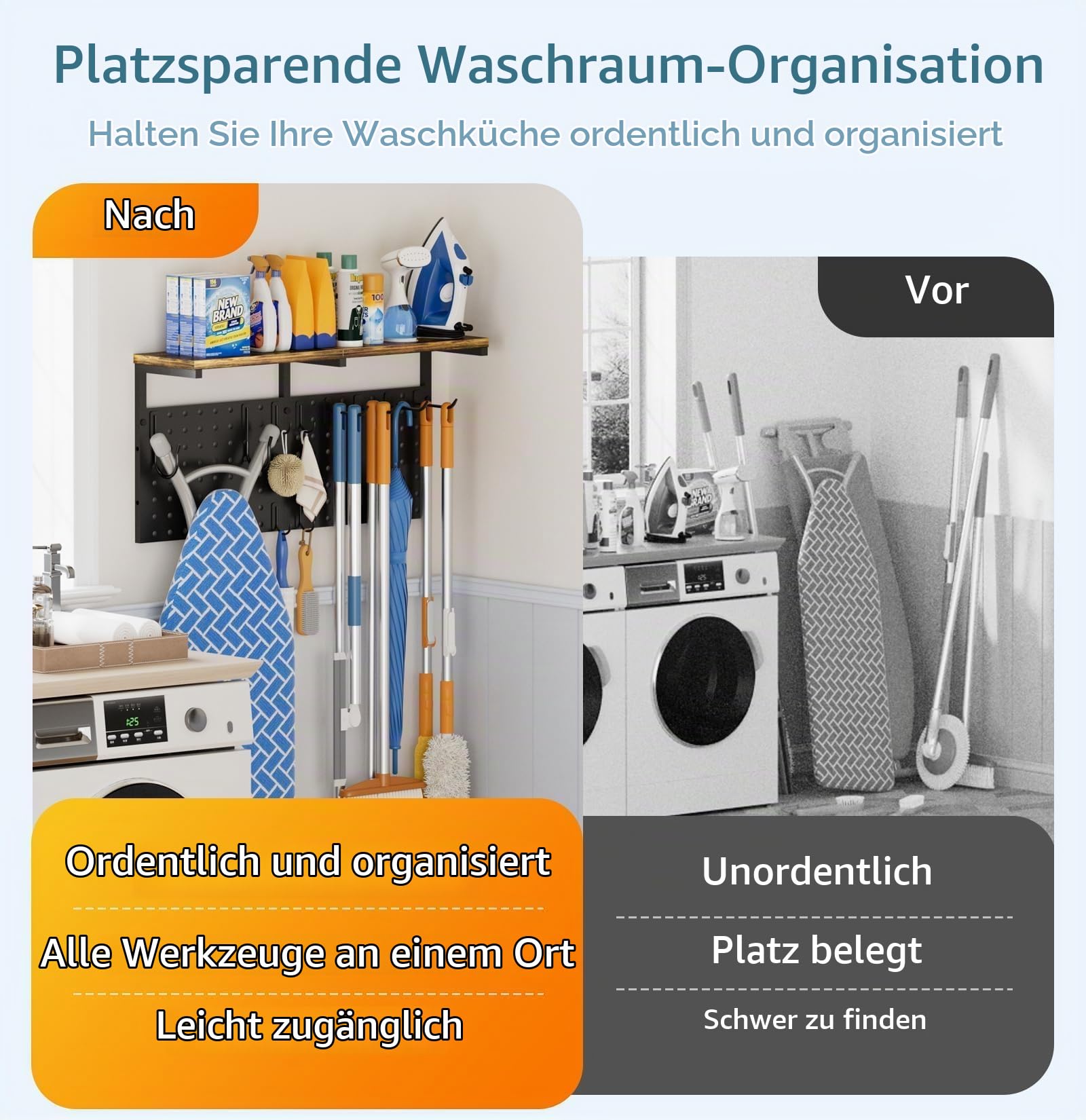 Bügelbrett Wandhalterung, Lochwand Organizer für Bügeleisen und Putzmittel, Bügelbrett Wandmontage mit Regal, Pegboard und Hake für Bügel-Brett, Besen und Putzmittel Organizer Aufbewahrung