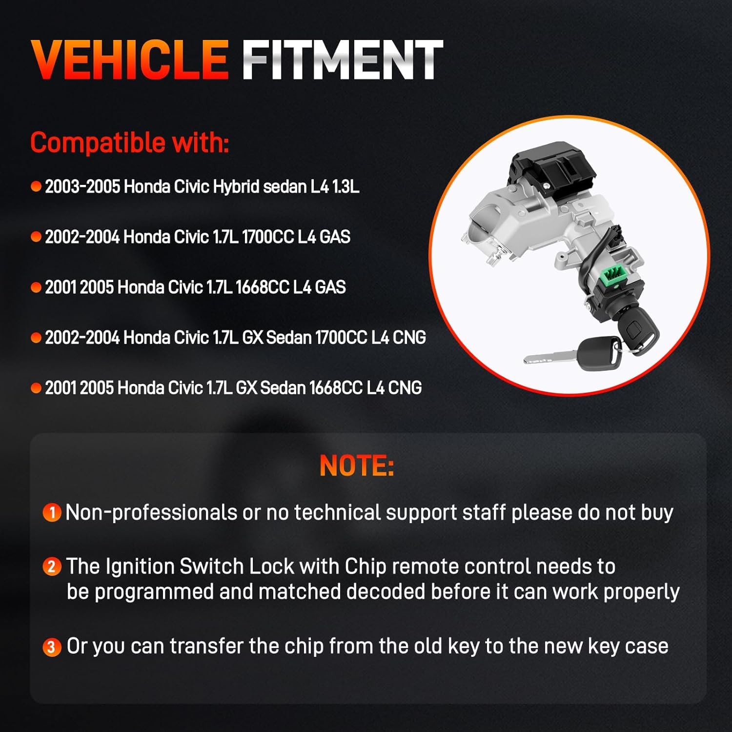Ignition Switch Lock Cylinder with 2 Keys (with Chip) Compatible with 2003 2004 2005 Honda Civic Hybrid Sedan 1.3L, Compatible with 2001 2002 2003 2004 2005 Honda Civic GX Sedan 1700CC 1668CC 1.7L