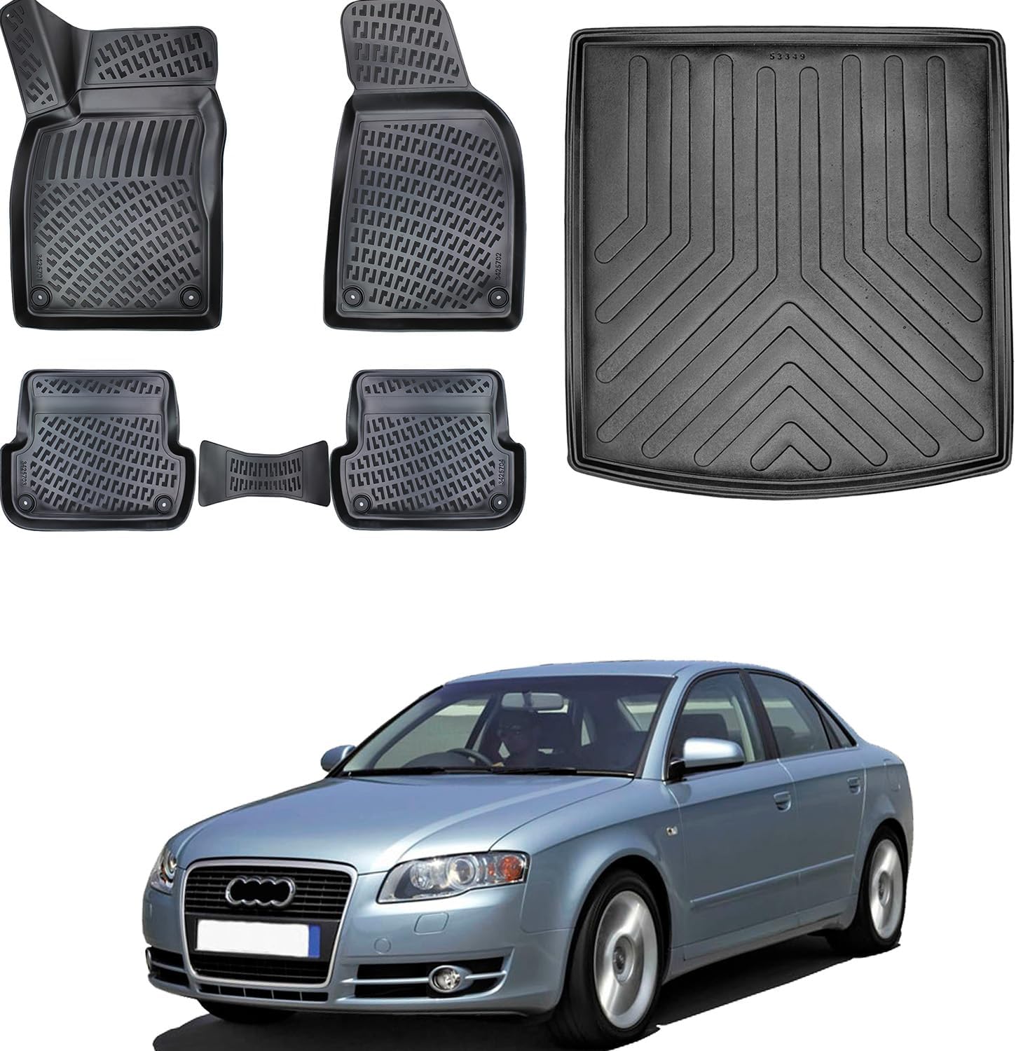 Floor Mats & Cargo Liner Set for Audi A4 B7 2004-2008 Sedan | Black TPE All Weather Custom Fit Floor Liner for 1st 2nd Rows and Trunk Car Mats
