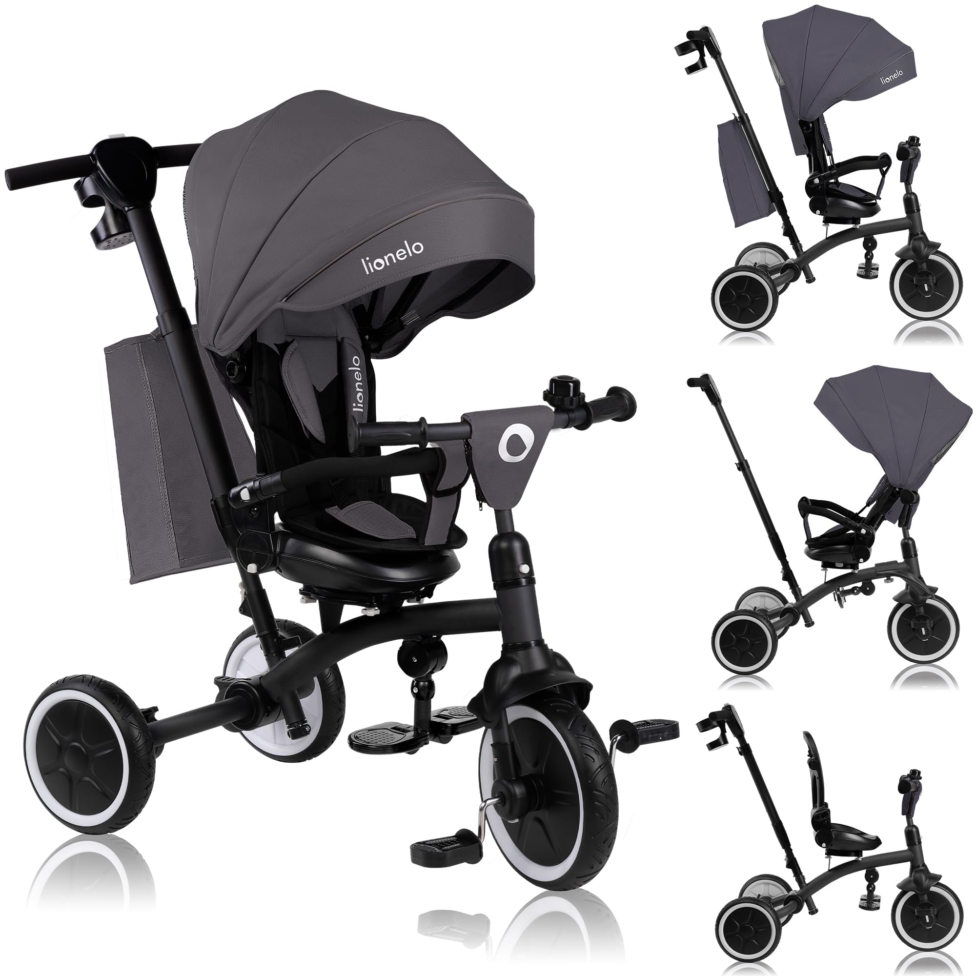 LIONELO Tris Plus Bicicleta de Paseo Triciclo Multifunción de 9 meses a 25 kg, Carrito Bebé, Ruedas Grandes PU Asiento Giratorio 360° Respaldo Ajustable Montaje sin Herramientas