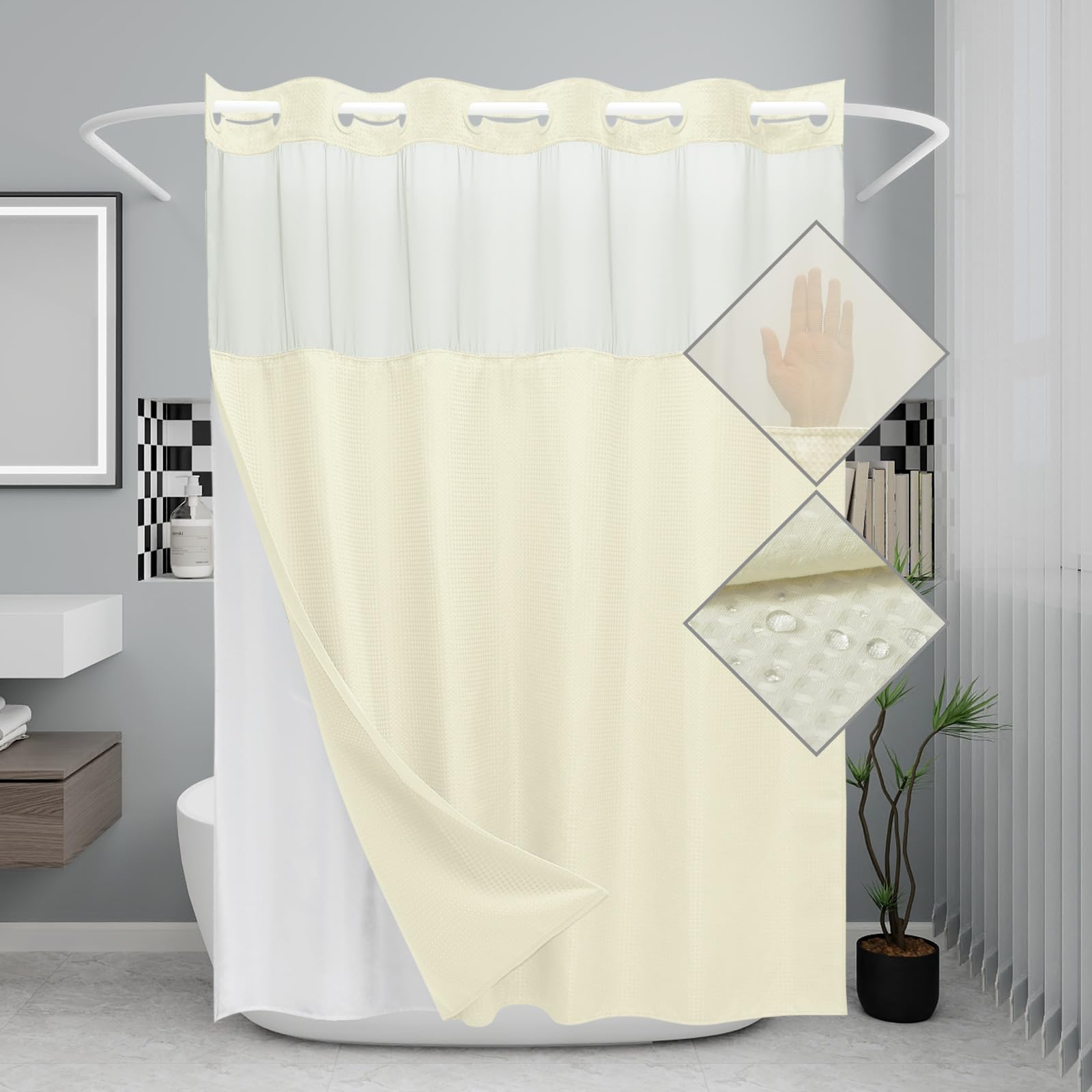 EUTXL No Hook Shower Curtain & Liner Set - Hotel Grade, Double Layer Design with Snap-in Liner for Bathroom,71W x 74H,220GSM,Ivory