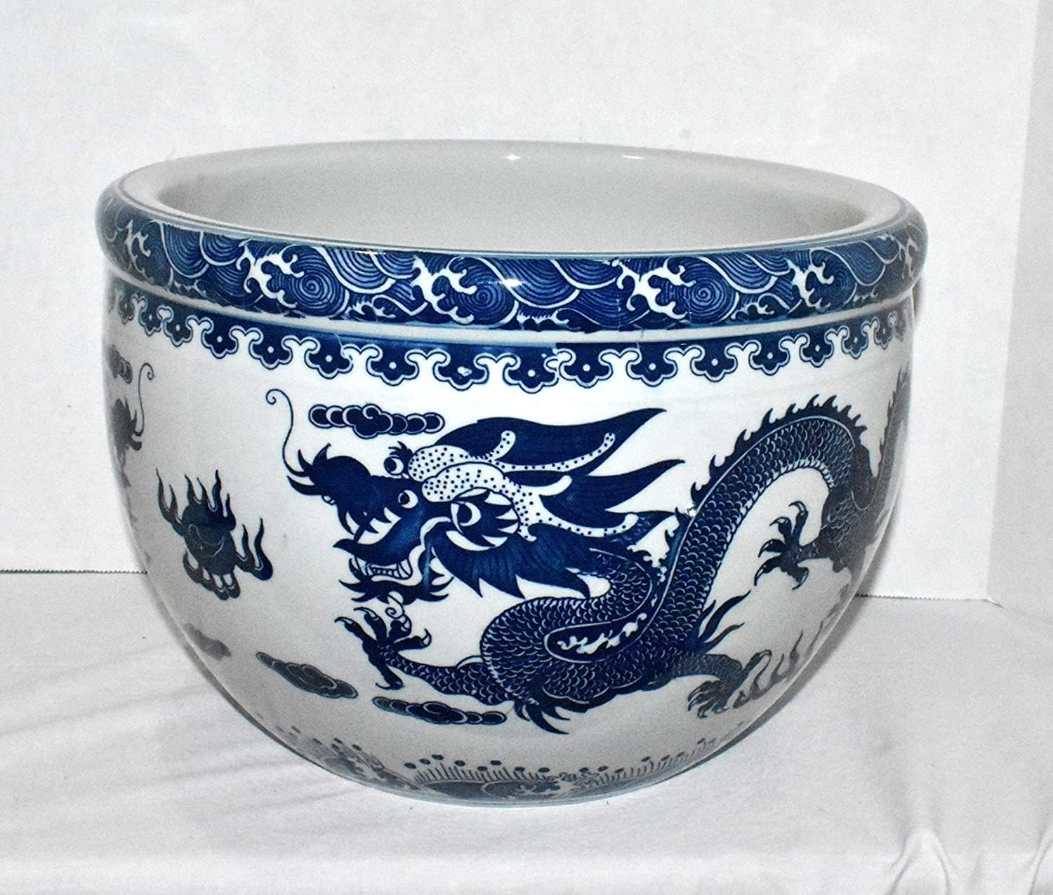 10" Oriental Blue & White Asian Double Dragon & Fire Pearl Fish Bowl Jardiniere Planter Plant Pot