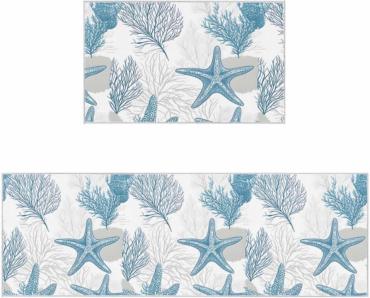 2 Pieces Kitchen Rugs and Mats,Watercolor Ocean Starfish Coral Area Runner Rug Set Non Slip Floor Doormat Washable Carpet Standing Mat for Kitchen Sink Indoor Corridor,Summer Marine Life Theme