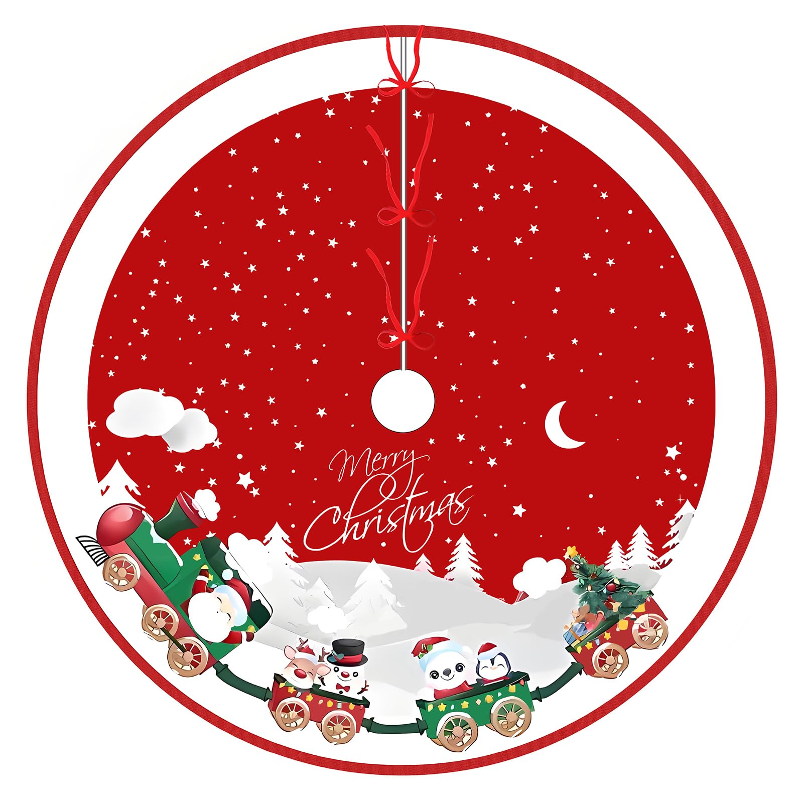 Falda de Árbol de Navidad, Alfombra de Árbol de Navidad, con Motivos de Muñecos de Nieve, Copos de Nieve y Trenes, para la Decoración Navideña del Hogar, Rojo
