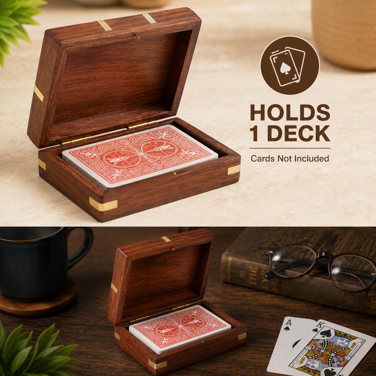Caja de almacenamiento hecha a mano de madera con diseño de latón – Organizador de caja de cartas de juego