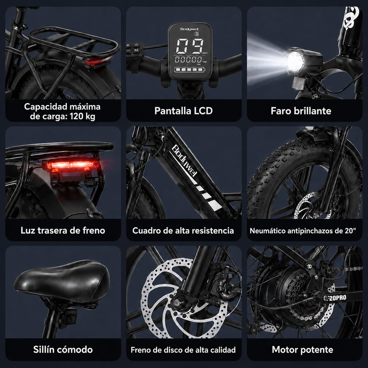 Bodywel F20Pro Bicicletas Eléctricas Adultos, 20x4.0” E-Bike Todo Terreno, Batería 48V 20Ah, Motor 250W, 7 Velocidades, Suspensión Ajustable, Frenos de Disco Doble