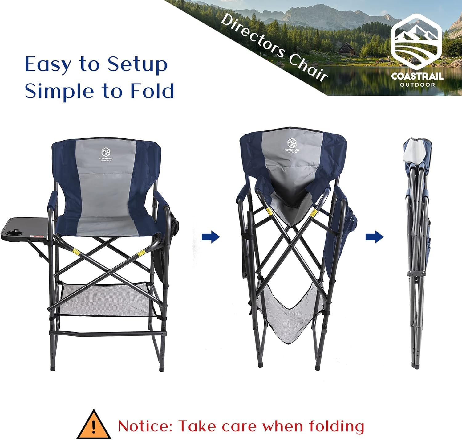 Coastrail Outdoor Tall Directors Chair Folding 30" Height, Supports 400 lb, Padded Comfort Indoor, Outdoor, Patio Chair with Side Table & Pockets for Camping Artists Patio RV Studio Grey : Sports & Outdoors