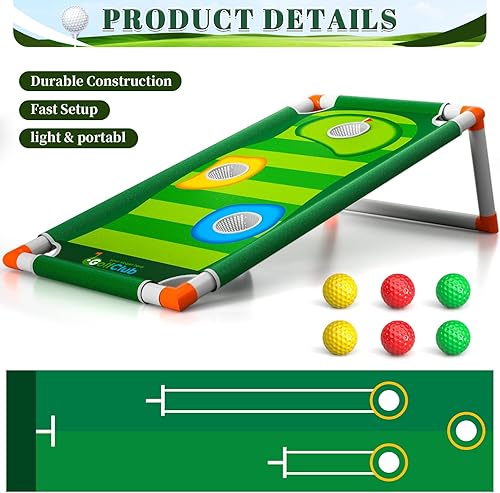 Miniatura 4 de Doloowee Palos de golf para niños, juego de golf 2 en 1 con tabla de golf, tapete de putting, 6 bolas, juguetes deportivos para interiores y