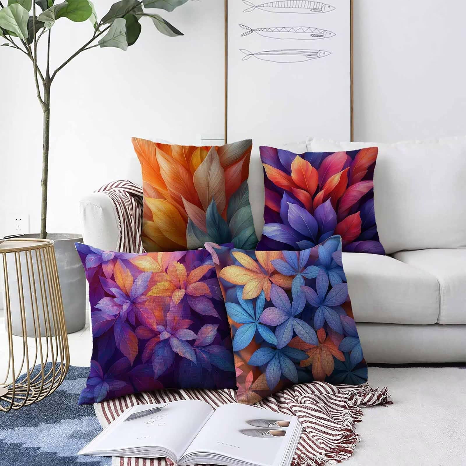 Jaune Housse Coussin 80x80cm Fleur Conception de Motifs Lin Matériel Coussin Canape Lot de 4, avec Fermeture Eclair Caché Exterieur Impermeable pour Lit Chambre Canapé Decoration Maison PjY5610 C-6