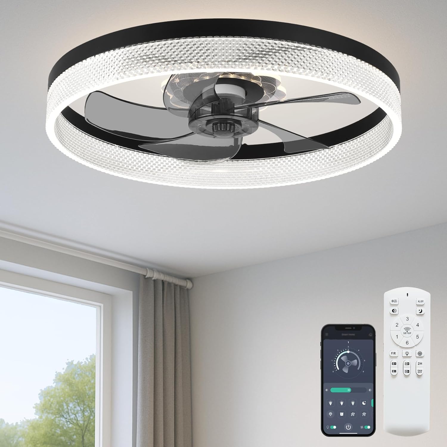 20 Ceiling Fan with Light, Upgraded Low Profile Fan, Flush Mount Ceiling Fan, 6 Speeds, Dimmable LED, App & Remote Control, Quiet DC Motor, for Bedroom, Living Room, F093 Black-D