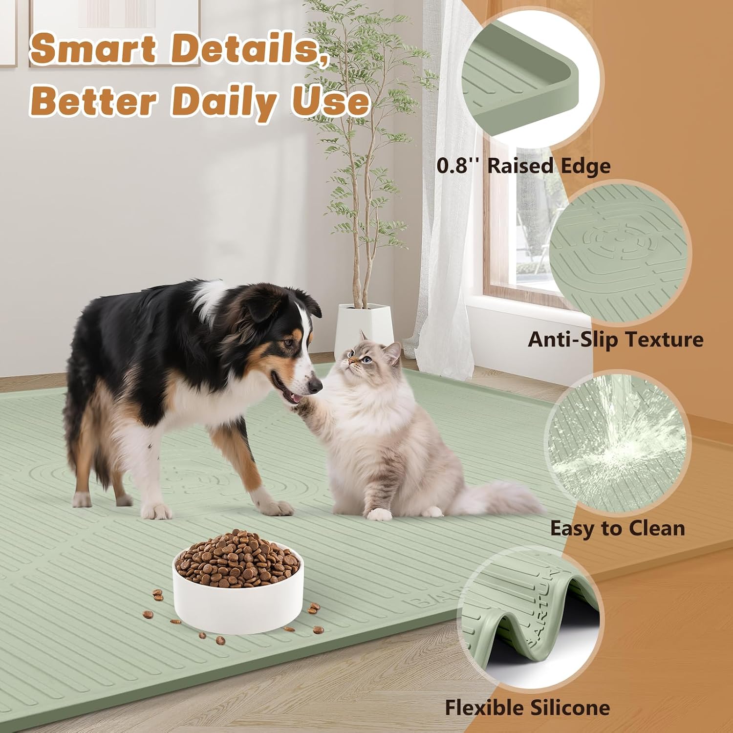 Lorvain Dog Food Mat, 45" x 30" Silicone Pet Feeding Mat with Raised Edges, Extra Large Pet Placemat for Dog Cat Food and Water Bowl Non-Slip, Easy to Clean, Waterproof & Floor Protection, Green
