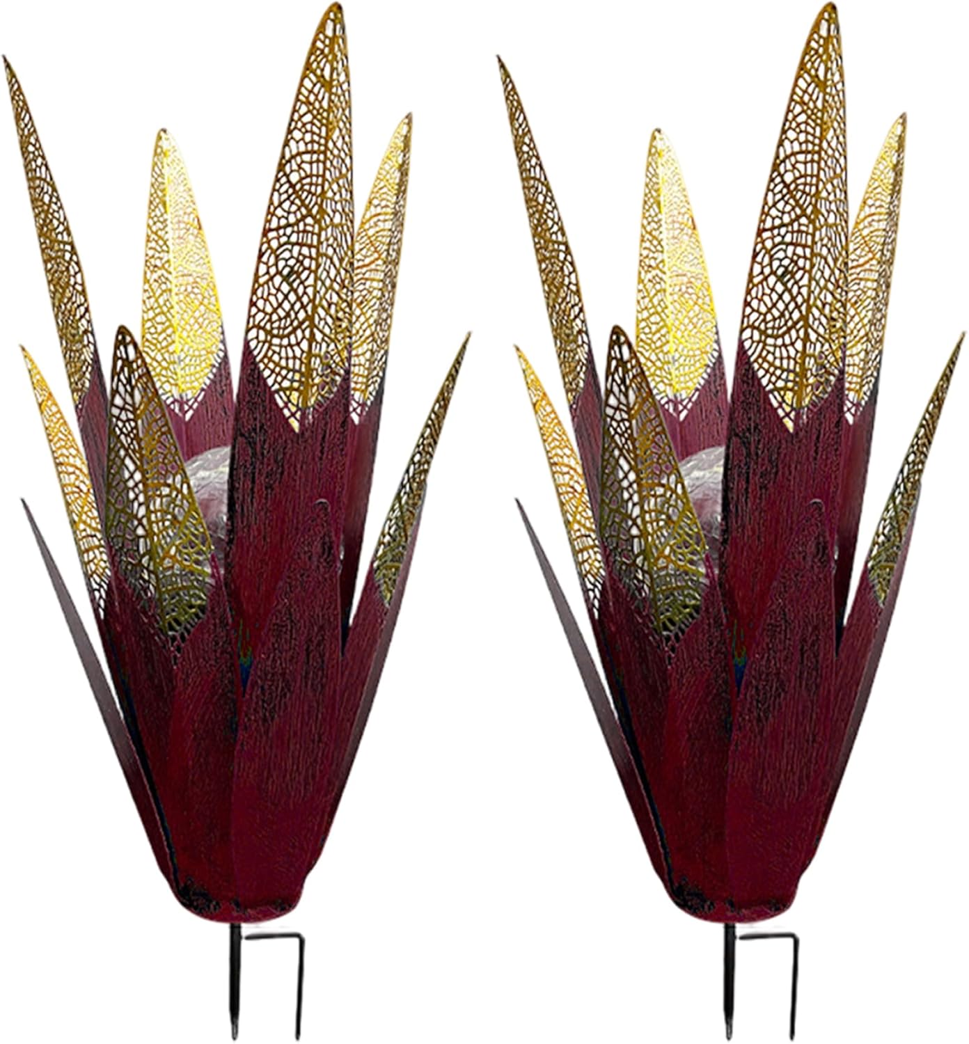 Solar Garden Lights Metal Agave Plants Outdoor Decor 2-Pack – Unique Cut-Out Design LED Light for Patio Lawn Yard Art Decoration, Red