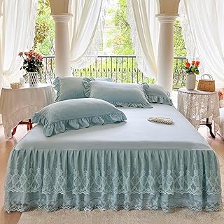 KnSam Faldón de cama con 2 fundas de almohada de 150 x 200 cm, juego de 3 piezas, faldón de cama de encaje con volantes, color azul liso, resistente a las arrugas y a la decoloración, sábana bajera
