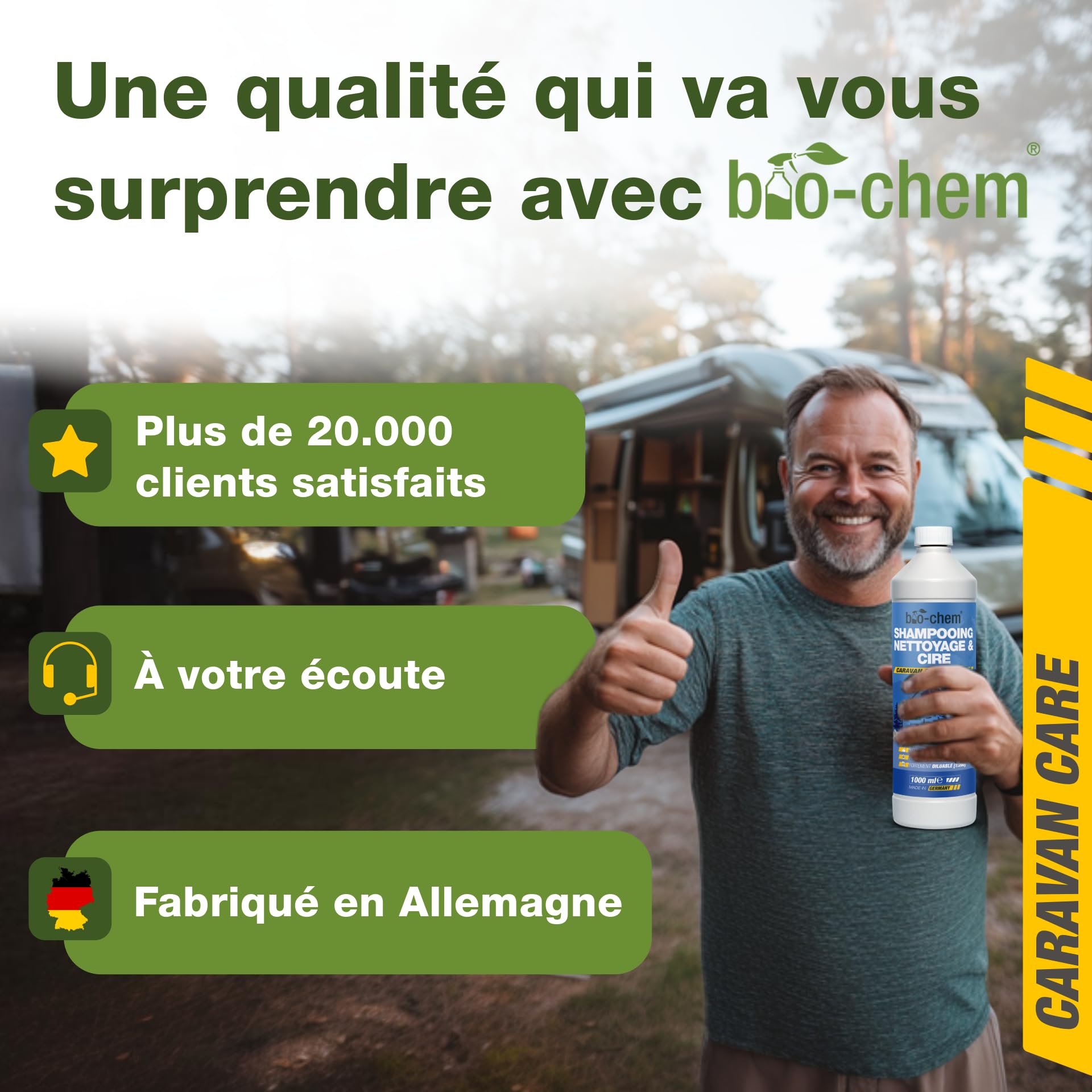 Bio-Chem - Profi Set nettoyage et cirage caravanes - Shampooing lavage et soin, cire de scellement carrosserie, décapant traces de pluie - Accessoires inclus