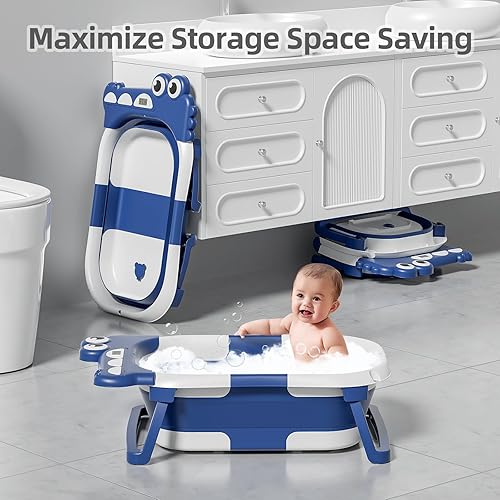 Miniatura 88 de MoreFeel Bañera plegable para bebé recién nacido con termómetro y 1 toalla con capucha y 1 cojín flotante suave, bañera de viaje portátil con Azul