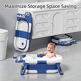 MoreFeel Collapsible Baby Bathtub for Newborn with Thermometer & 1 Hooded Towel & 1 Soft Floating Cushion,Portable Travel Bathtub with Drain Hole, Durable Foldable Baby Tubs for Infants to Toddler