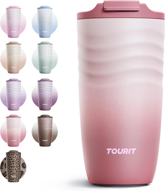 16 oz Insulated Travel Coffee Mug Stainless Steel Tumbler, Rose | Vacuum insulated travel mug with ripple-wave anti-slip grip, leakproof lid & silicone bottom, fits standard car cup holders